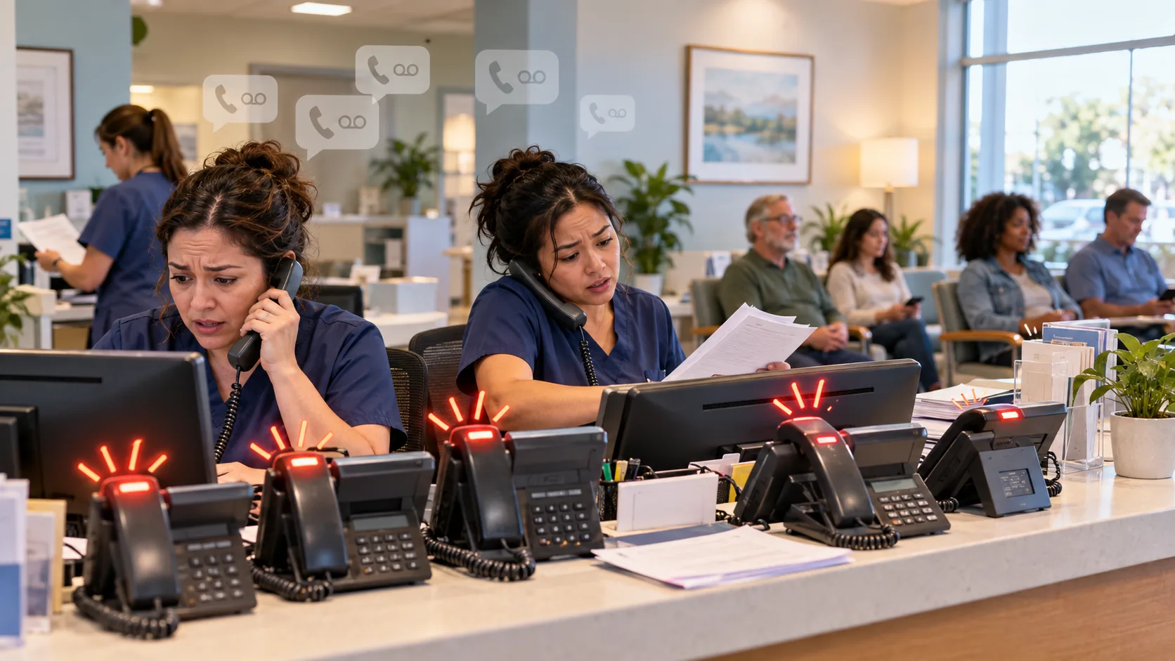 Illustration of a busy clinic front desk managing patient calls and paperwork